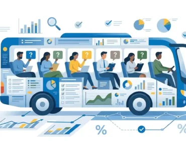 Badanie omnibusowe - ilustracja koncepcyjna autobusu z biznesowymi pasażerami zadającymi pytania w jednej ankiecie.
