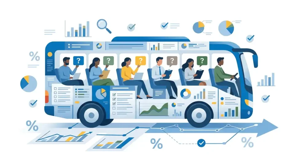 Badanie omnibusowe - ilustracja koncepcyjna autobusu z biznesowymi pasażerami zadającymi pytania w jednej ankiecie.