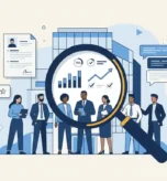 Badanie wizerunku pracodawcy - ilustracja przedstawiająca lupę analizującą zespół pracowników z wykresami KPI, ocenami i wskaźnikami employer brandingu