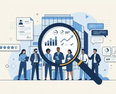 Badanie wizerunku pracodawcy - ilustracja przedstawiająca lupę analizującą zespół pracowników z wykresami KPI, ocenami i wskaźnikami employer brandingu