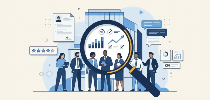 Badanie wizerunku pracodawcy - ilustracja przedstawiająca lupę analizującą zespół pracowników z wykresami KPI, ocenami i wskaźnikami employer brandingu