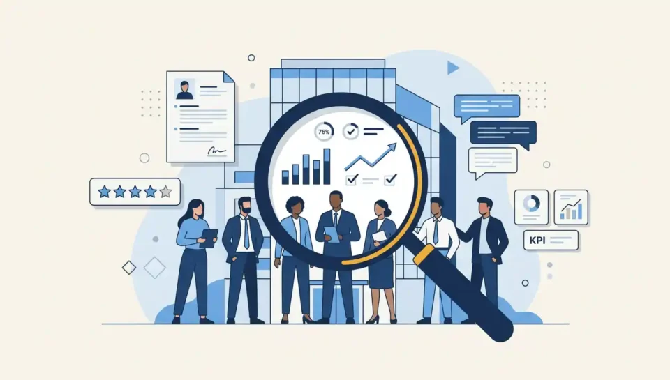 Badanie wizerunku pracodawcy - ilustracja przedstawiająca lupę analizującą zespół pracowników z wykresami KPI, ocenami i wskaźnikami employer brandingu