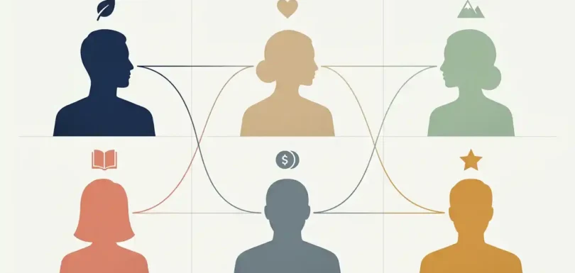 Segmentacja psychograficzna - jak badać wartości, postawy i styl życia konsumentów 4 Segmentacja psychograficzna konsumentów - sześć sylwetek w różnych kolorach z symbolami wartości i stylu życia