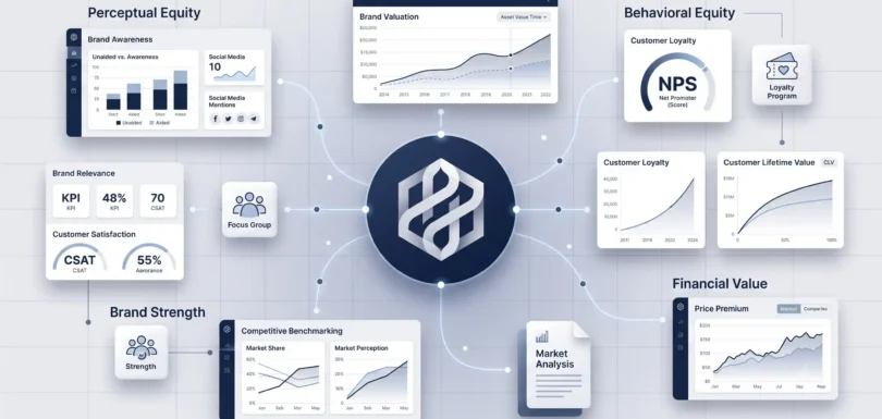 Brand equity - jak wycenić siłę marki na danych 3 Infografika przedstawiająca czynniki wpływające na brand equity – świadomość marki, skojarzenia, lojalność klientów, postrzeganą jakość oraz dane finansowe wykorzystywane do wyceny wartości marki.