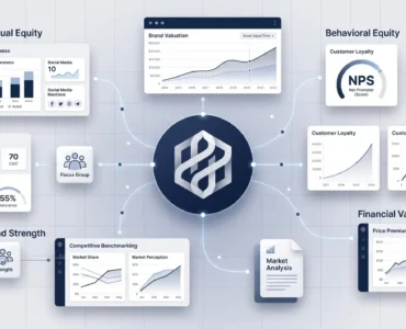 Infografika przedstawiająca czynniki wpływające na brand equity – świadomość marki, skojarzenia, lojalność klientów, postrzeganą jakość oraz dane finansowe wykorzystywane do wyceny wartości marki.