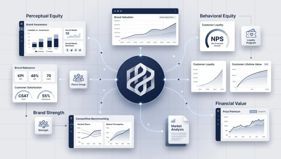 Infografika przedstawiająca czynniki wpływające na brand equity – świadomość marki, skojarzenia, lojalność klientów, postrzeganą jakość oraz dane finansowe wykorzystywane do wyceny wartości marki.